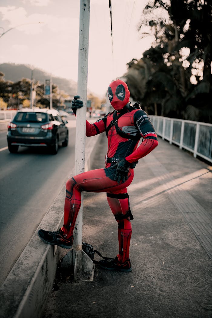 A person dressed as Deadpool strikes a pose on a city bridge during daylight.